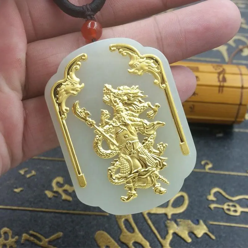 Кулон Hetian Jade &quotGuanyu&quot Нефритовое ожерелье GuanGong счастливый амулет 24 K золотые