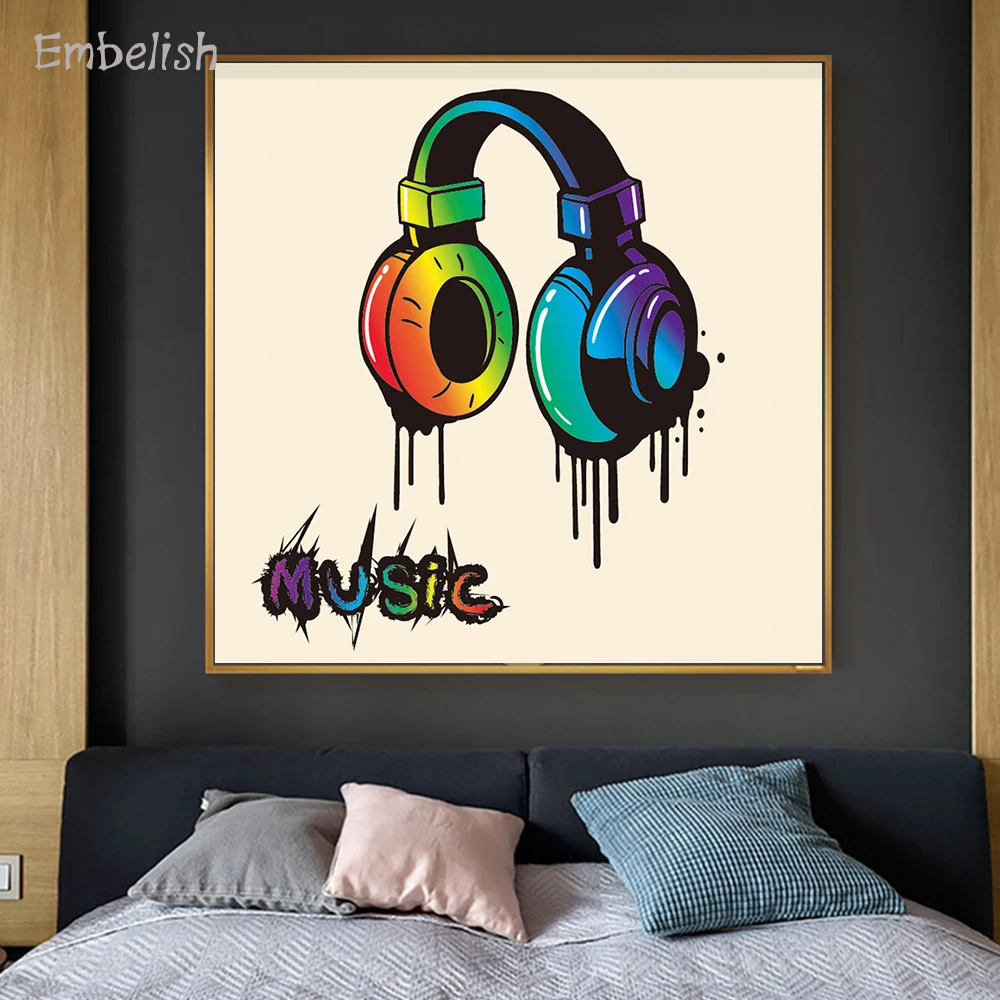 

Embelish 1 Pieces Headphone Rainbow In Graffiti Style Large Size Modern Home Decor Pictures For Living Room HD Canvas Paintings