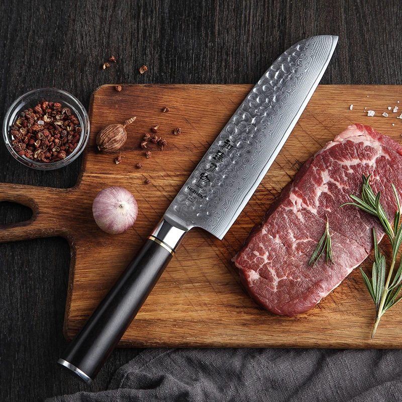 Кухня ножи бренд 7 дюймов Santoku Ножи японский VG10 Дамаск Сталь Кухня кухонный нож нового дизайна с черное дерево РУЧКА