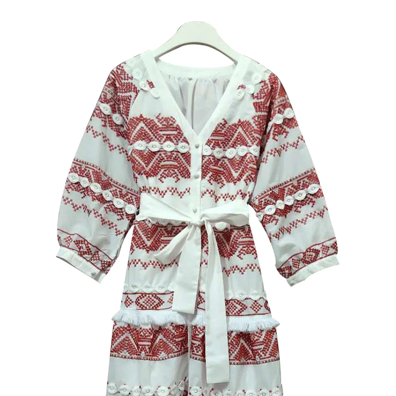 TWOTWINSTYLE Vintage Embroidery Tassel Patchwork Dress For Female V Neck Long Sleeve High Waist Lace Up Midi Dresses Women