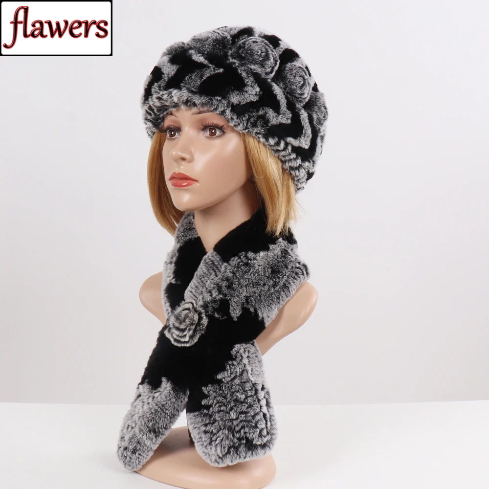 

New Fashion Women Real Fur Hat Scarf Sets Winter Warm Knit Rex Rabbit Fur Beanies Hats Scarves Female 100% Natural Fur Hat Scarf
