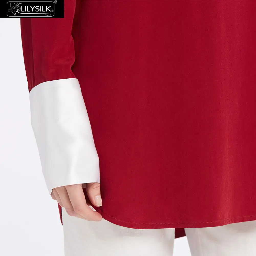 LILYSILK 23mm Pull Over Color Block Silk Shirts Charmeuse Silk On Collar& Cuff Sand Washed Silk NEWS Free Shipping