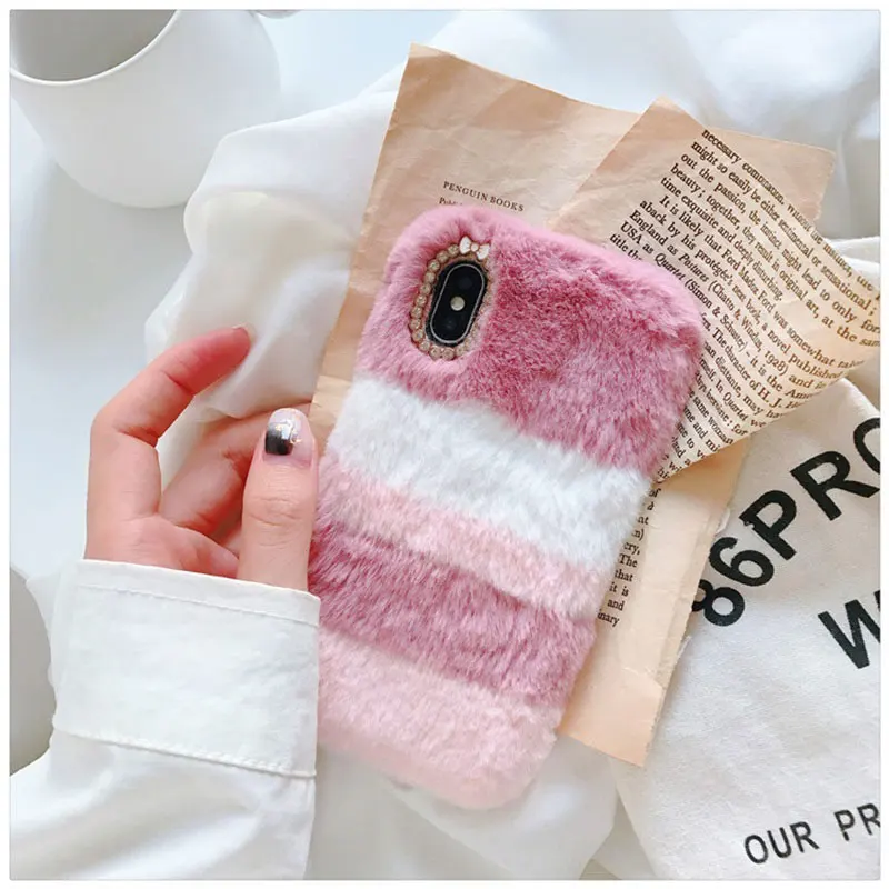 01 Fluffy Colour Rabbit Fur Case for Huawei honor mate P30 20 10 9 8 lite plus pro Play NOVA 4 3 i plus Diamond Soft Silicon cover - Цвет: 01