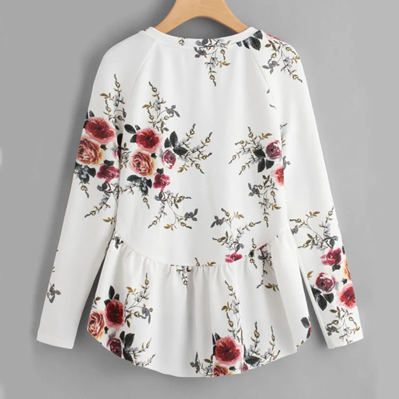 Dotfashion Блузка-туника с рукавом реглан и оборками с глубоким подолом, белый топ с круглым вырезом и цветочным принтом, женская блузка с длинным рукавом