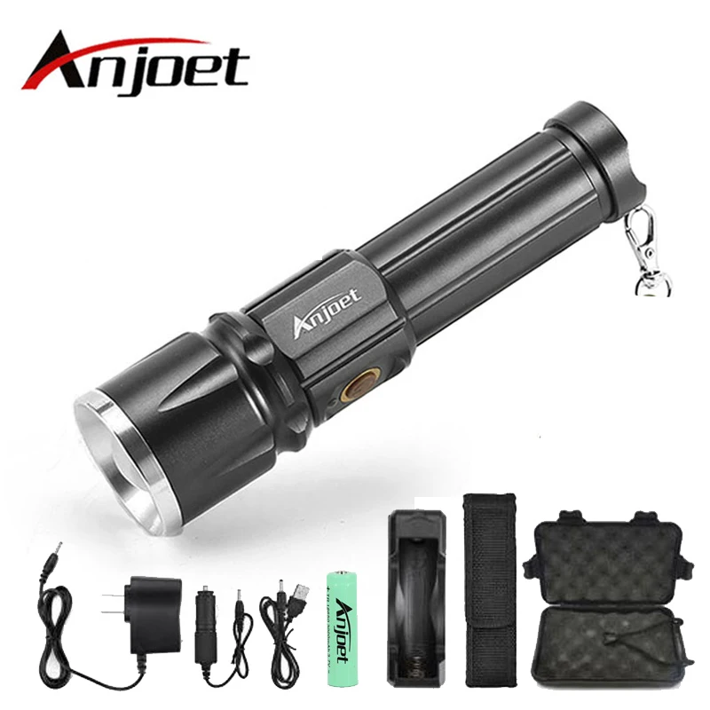 Светодиодный зуммируемый фонарик Anjoet X900 CREE XML T6, фонарики с масштабированием, фонарик с подсветкой и батареей 26650, зарядка через USB
