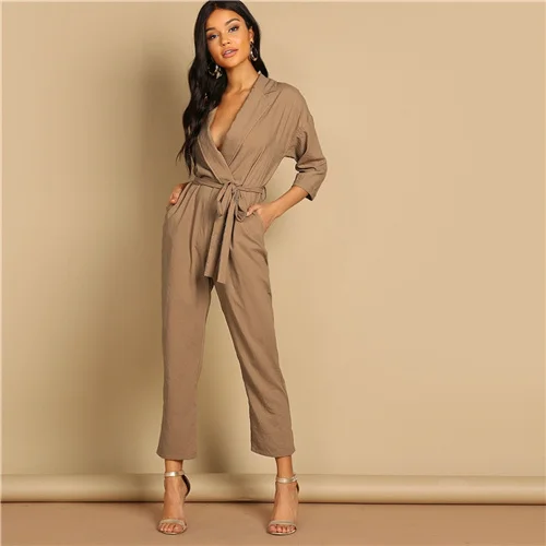 Camel COLROVIE Camel, косые карманы, пояс с вырезом, повседневный женский комбинезон, весна, корейский стиль, высокая талия, облегающие, элегантные комбинезоны - Цвет: Camel