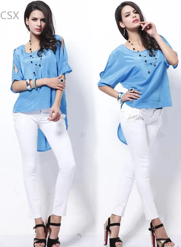 Высококачественные женские летние небесно Голубые атласные топы с рукавами