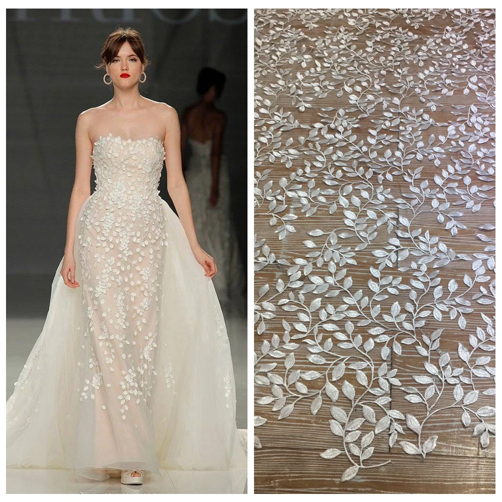 5 ярдов Белый/Розовый листья полиэстер вышивка Африки кружевной гипюр