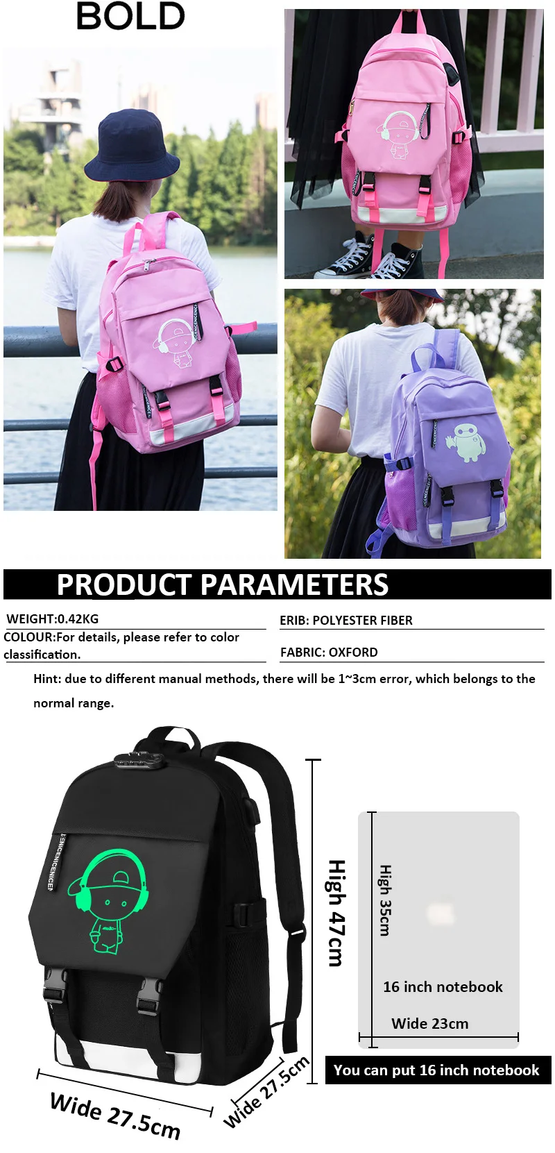 Дорожный Рюкзак Mochila, антикражный Светящийся рюкзак, 16 дюймов, для ноутбука, USB, рюкзак для женщин и мужчин, школьный рюкзак, сумка для мальчиков и девочек, мужской