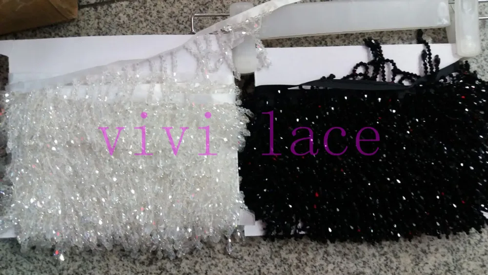 10 ярдов F001 # АБ кристаллический белый/черный с бахромой и бусинами 5 см ширина для