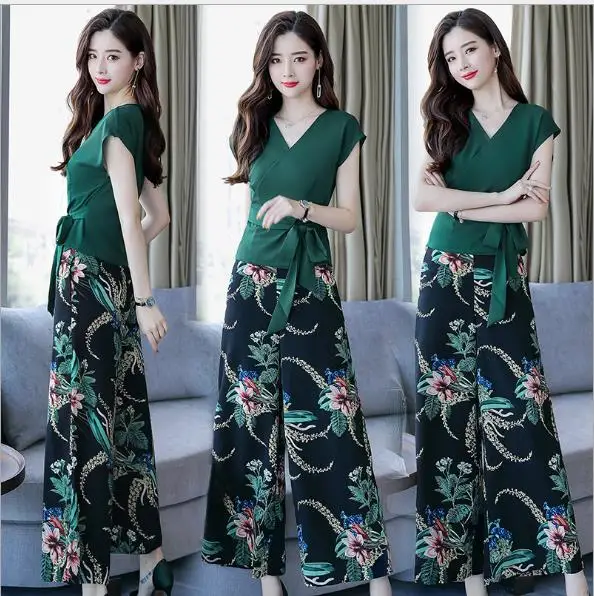 2018 new summer temperament was thin two-piece printing chiffon wide-leg pants casual fashion suit female big code tide | Женская одежда