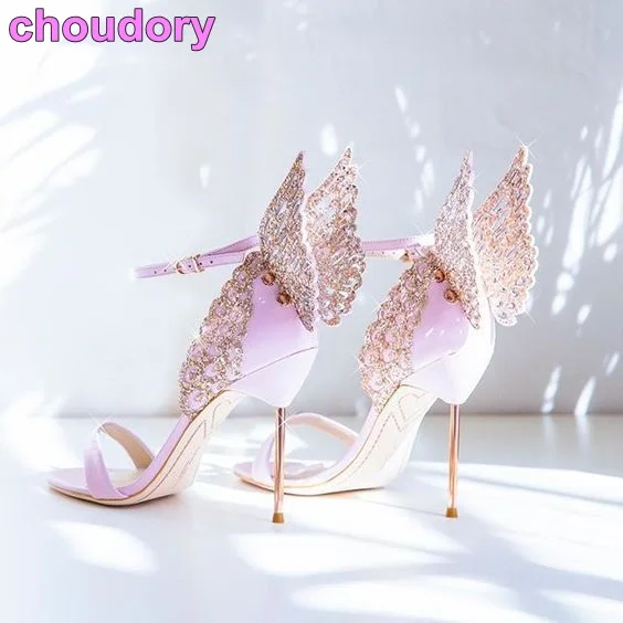 High-end Women Pinnk Butterfly Sandals Metal Stiletto Heel Metallic Cut-outs Pumps Bling Crystal Celebrity Wedding Shoes | Обувь