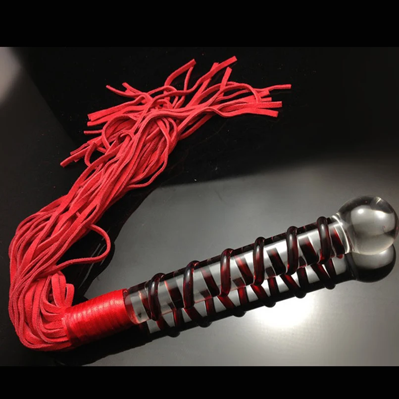 Красный стеклянный фаллоимитатор Pyrex с плетка из кожи и ПУ хвост Анальная пробка