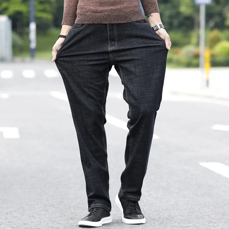 

Men Stretch Business Jeans Spring Summer Straight Brand Black Classic Denim Trousers