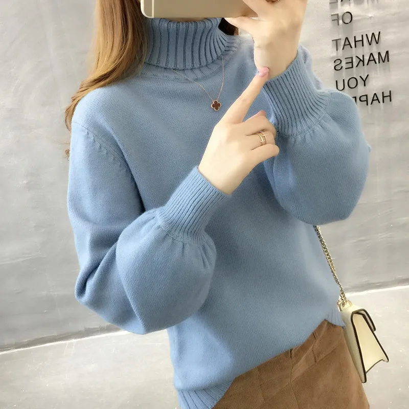 PEONFLY Turtleneck Blue Green Winter Sweater Women Knit Lantern Sleeve Female Loose Oversize Pullover Knitted Jumper | Женская одежда