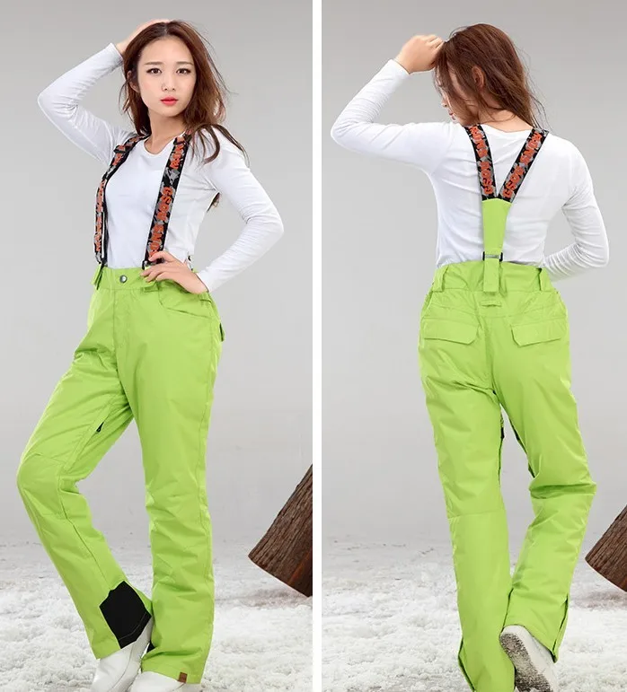 Womens Light Green Ski Pants Female Winter Outdoor Sky Blue Climbing Cycling Skating Suspender Sports Trousers With Braces