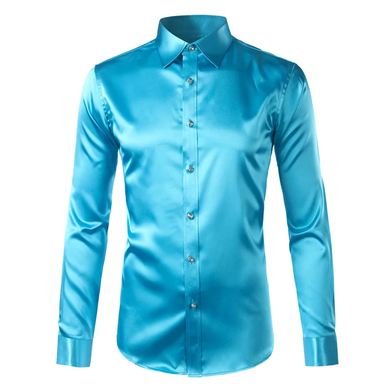 lake-blue Трендовая шелковая атласная Мужская рубашка с длинным рукавом Chemise Homme модная мужская приталенная рубашка из искусственного шелка на пуговицах - Цвет: lake-blue