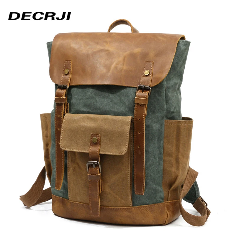 

DECRJI Genuine Leather Laptop Backpack Unisex Women Men Canvas School Bag Backpack Large Capacity Male Rucksack Back Pack Travel