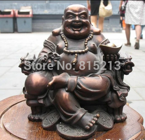 

Bi001349 6.5 "Тибет Буддизм Бронзовый YuanBao Деньги Будда Майтрея Сидеть dragon Throne статуя