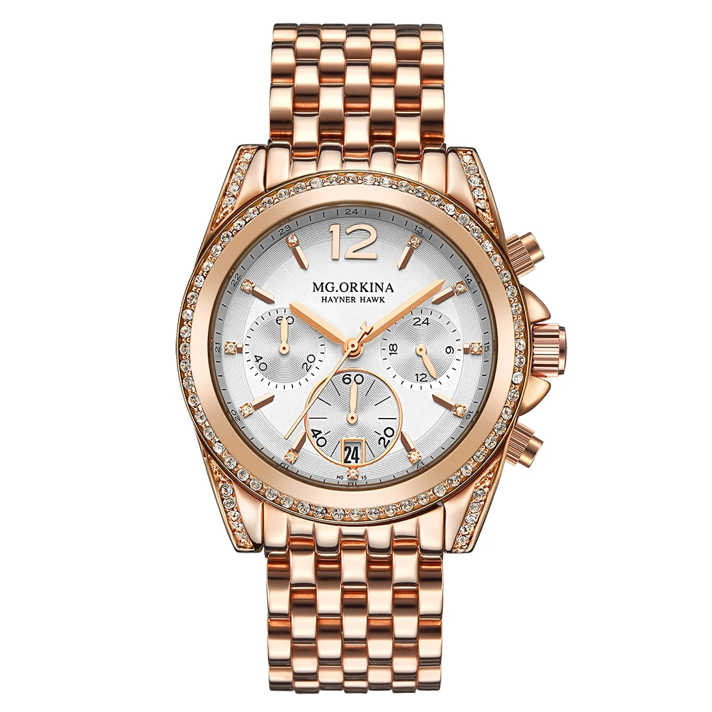 Мужские кварцевые часы ORKINA Роскошные наручные с кристаллами цвета розового