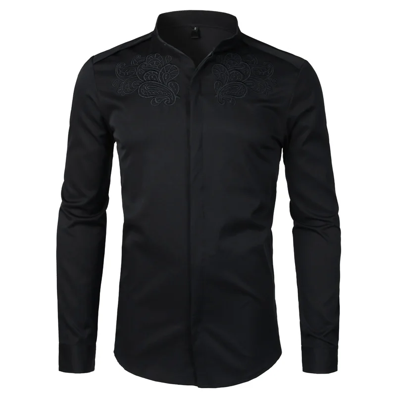 Мужская классическая рубашка с цветочной вышивкой белая приталенная однотонная