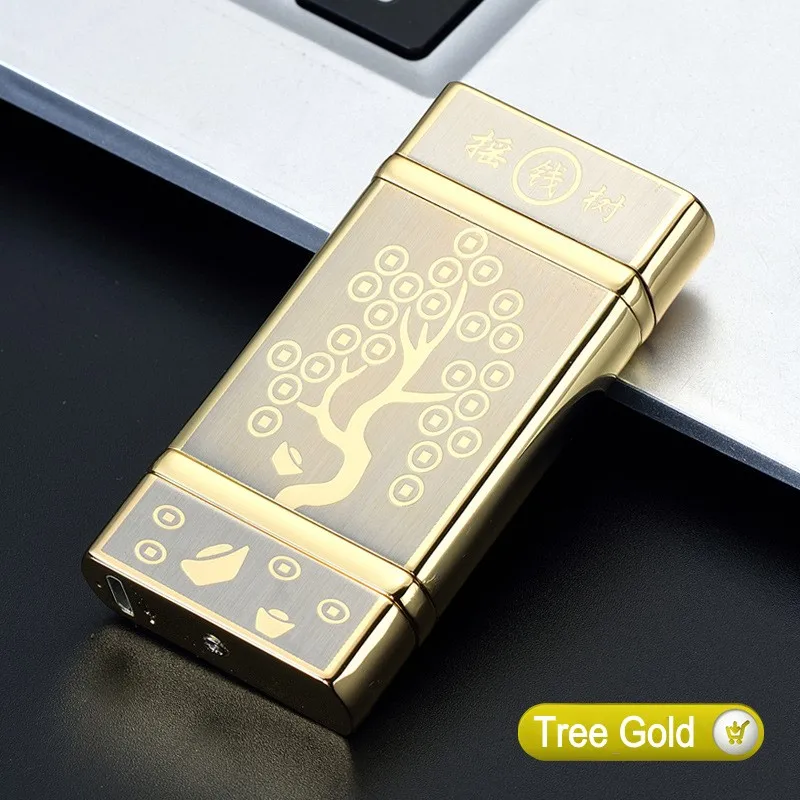 Новинка, Электронная usb зажигалка с 2 крестами, двойная дуга, импульсная зажигалка, новинка, светильник, чувствительный светильник для сигарет, ветрозащитный - Цвет: Tree Gold