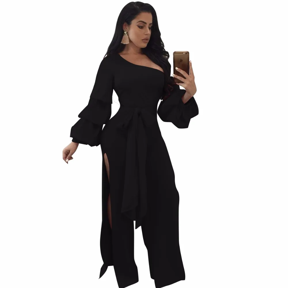 

Elegant Fashion New Design One Of Shoulder Women Long Sleeve With Belt Women Jumpsuits
