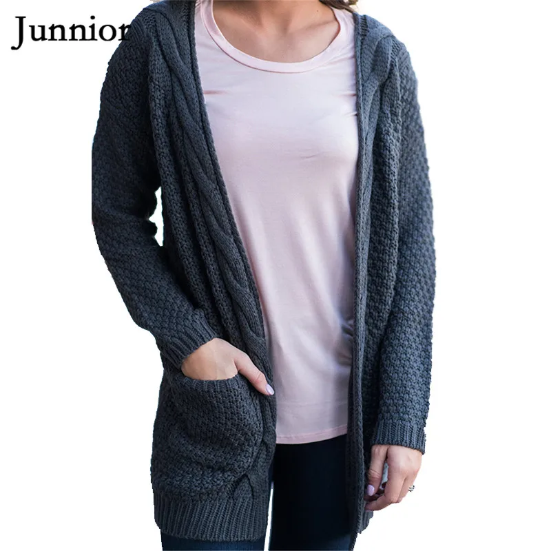 Loose Open Front Knit Sweater Women Long Sleeve Sweaters Solid Color Cardigans with Two Packets |