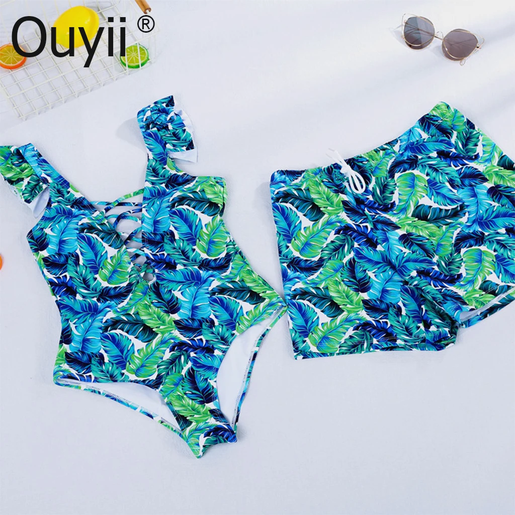 Бикини для пары новый купальник Пляжные штаны Цельный бикини с принтом листьев
