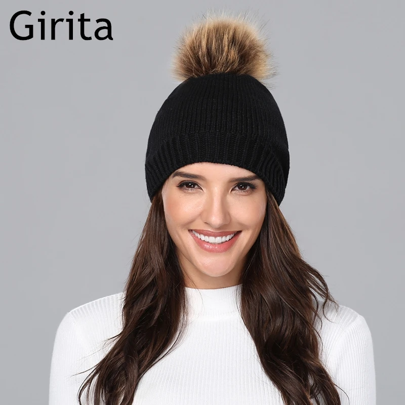 Girita женская зимняя вязаная шапка Skullies Beanies, шапки с флисовой подкладкой, вязаные меховые женские теплые шапки с помпоном