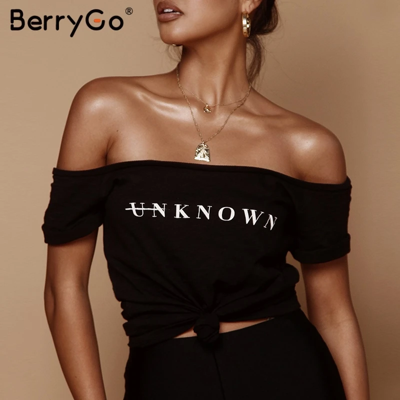 BerryGo футболка женская сексуальная с открытыми плечами письмо лето короткий рукав