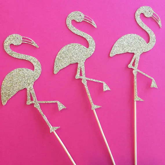 

Gold Flamingo wedding cupcake toppers birthday Appetizer Picks Bridal baby shower Bachelorette party decorations