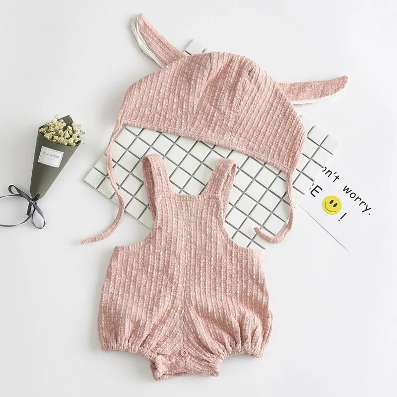 2017 одежда для маленьких девочек серый/розовый хлопковый комбинезон + шапка с