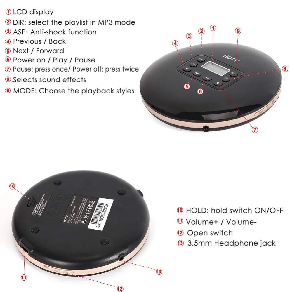 Rechargeable Portable CD Player Personal Compact Disc Player with LCD Display, CD Music Walkman cd player for Kids &Adults enlarge
