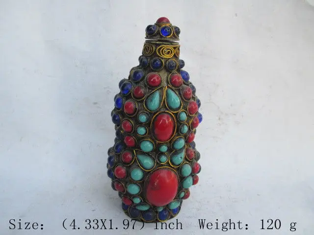 

Chinese ancient Tibet copper multicolor. Turquoise snuff bottle