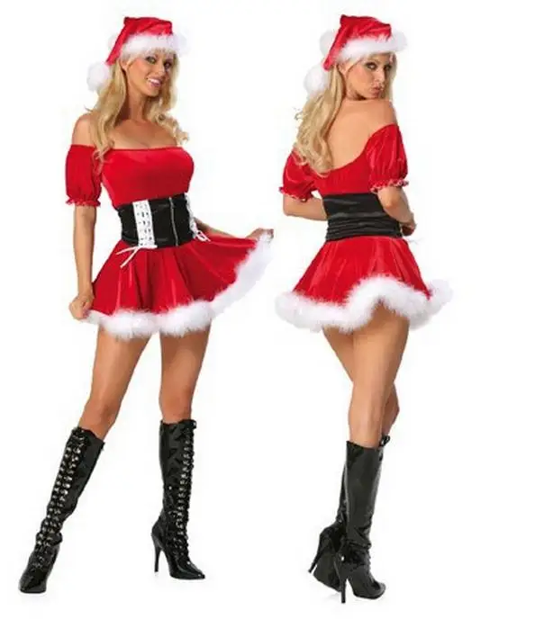 

Sexy Cosplay Lingerie Red Strapless Santa Mascot Costume Belt Hat Dress 3 Pieces Christmas Clothes Role Play Dress Women WL21