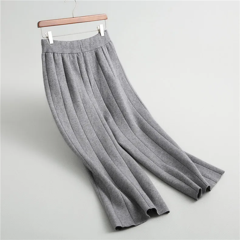 2020 Fall Winter Women Loose Casual Pants Lace UP Elastic Waist Wide leg Wool Knitted Straight Grey Black Beige | Женская одежда