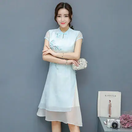 SexeMara Ultra Elegant Chinese Style Women Dress Cheongsam Vintage Summer Chiffon Retro Embroidery Vestidos HFJ026 | Женская одежда