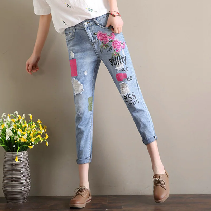 Женские рваные джинсовые брюки карандаш джинсы женские с цветочной вышивкой