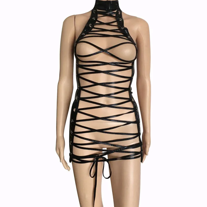 AIIOU женское черное латексное кожаное платье эротическое Прозрачное нижнее белье