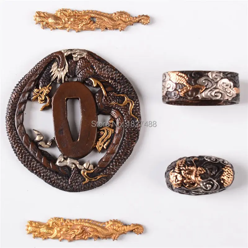 A Set Dragon Theme Brass Sword Fittings Tsuba Menuki Fuchi Kashira for Japanese Wakizashi/Samurai Sword Katana Nice Metal Crafts