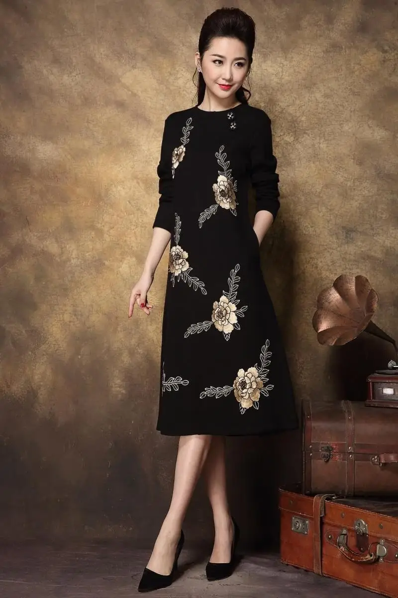 Женское винтажное вязаное платье с вышивкой элегантные вечерние платья для