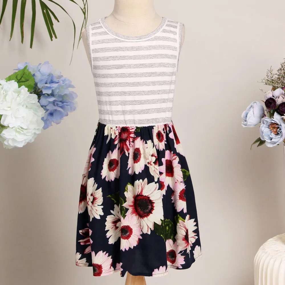 PopReal мама и я в полоску подсолнухи без рукавов длинное платье подходящая одежда