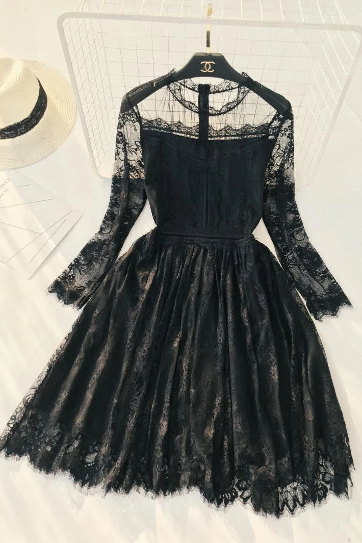 2019 Новая мода черный кружево платье для женщин Элегантный с длинным рукавом и