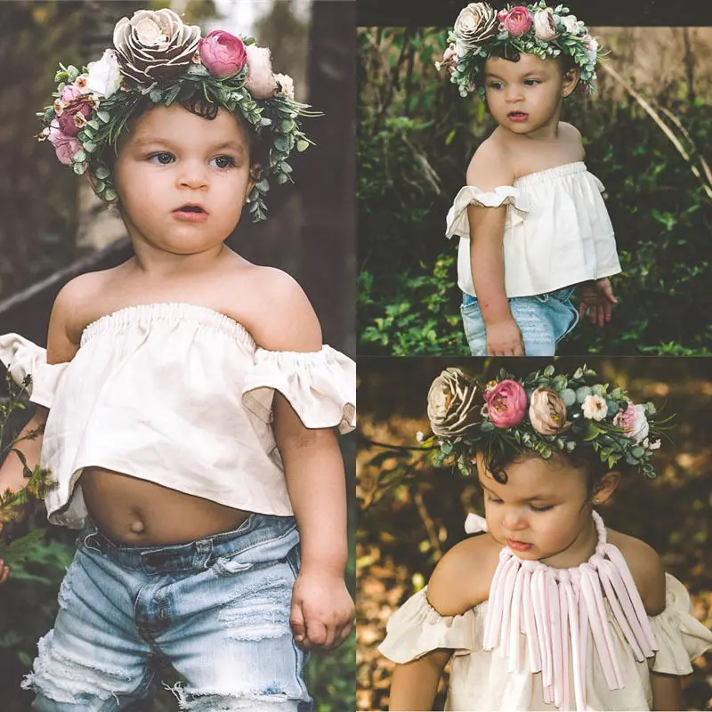 Топы с открытыми плечами для маленьких девочек джинсовые штаны дырками одежда