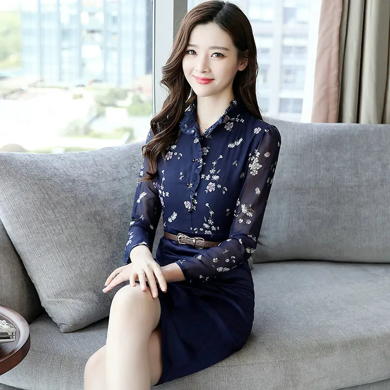 2018 Summer Women Printed Dresses Ladies Slim Fashion Fake Two-Piece Patchwork Office Work Party Chiffon Midi Dress SUN222 | Женская