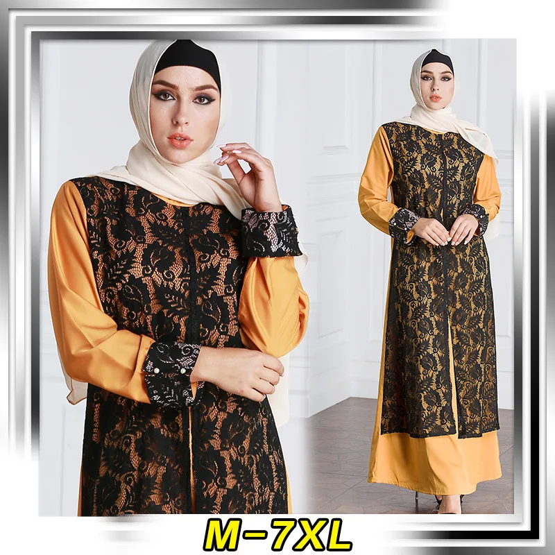 New dress female Muslim fake two-piece lace temperament women's Arabian robes large size M-7XL abaya | Тематическая одежда и