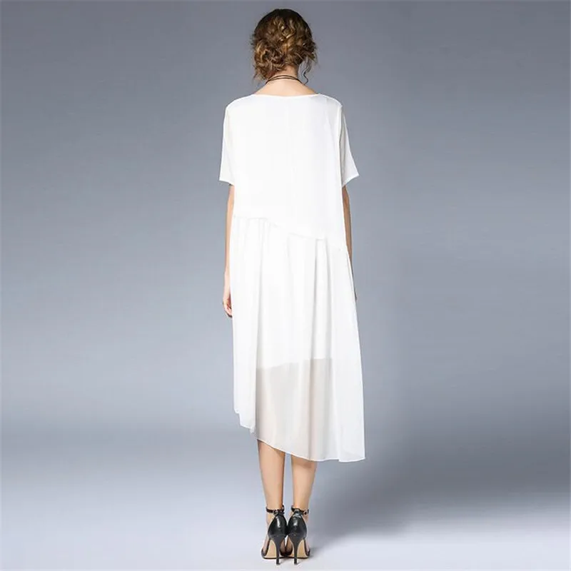 

Fashion Loose Long Dress Female 2017 Women Plus Size XL-4XL Chiffon solid White Black O-neck Short Sleeve Casual Dresses