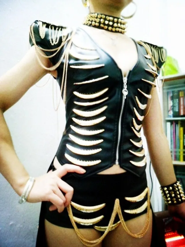 2016 черный кожаный боди на цепочке сексуальные атмосферные костюмы DJ певицы DS