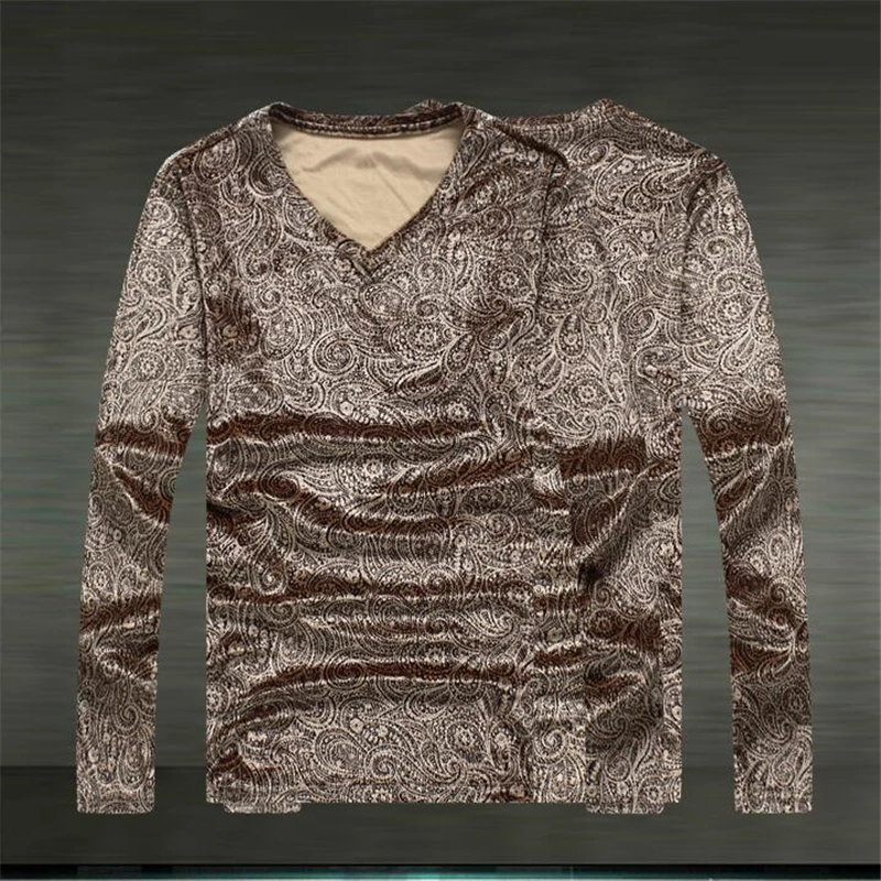 

American style cashew flower printing fashion casual long sleeve t shirt Autumn 2017 New quality gold velvet t shirt men M-XXXXL